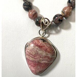 Artisan Rhodochrosite Pendant Necklace Rhodonite Beads Pink Black Gemstone Jewel